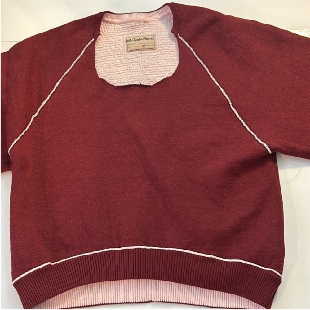 We The Free XSmall Sweatshirt Midnight Pullover in burgundy red with pink piping - Picture 6 of 10
